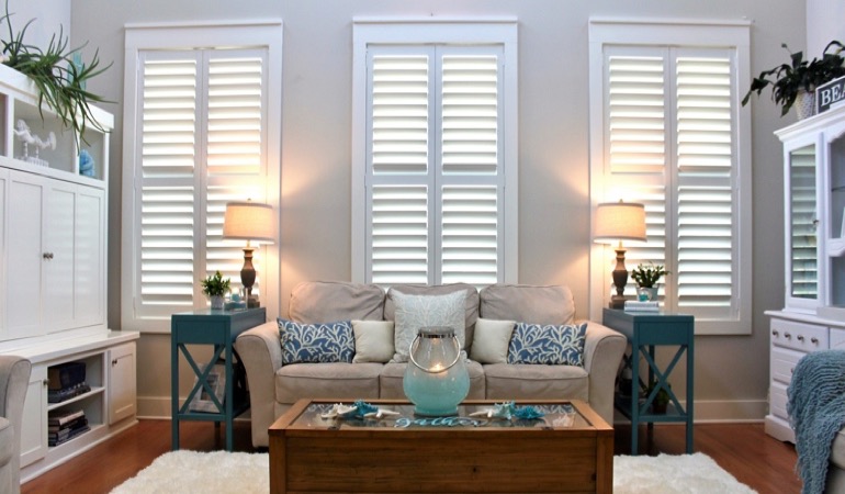 Denver modern sunroom with plantation shutters 